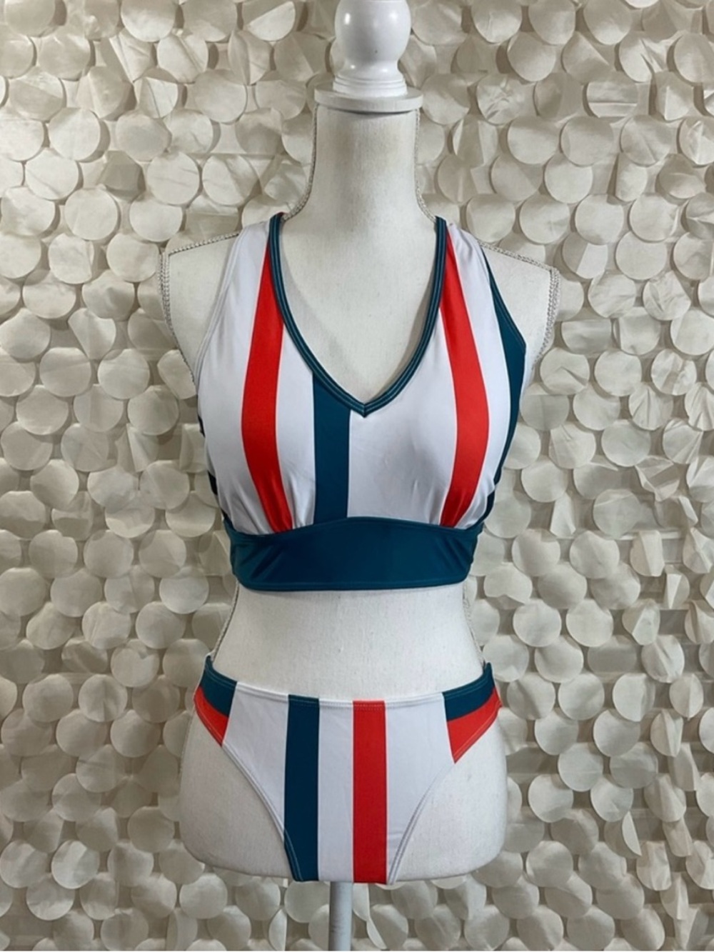 Striped V-Neck Sport Bikini Top & High Waist Bottoms - White, Teal, Red
